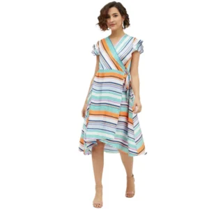Satin Striped Short Sleeve Knee-Length Dress (Multicolor)