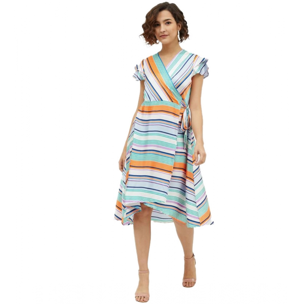 Satin Striped Short Sleeve Knee-Length Dress (Multicolor)