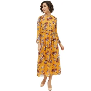 Polyester Floral Long Sleeves Calf-length Dress (Multicolor)