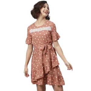Polyester Polka Bell Sleeve Above Knee Dress (Brown)