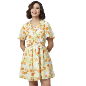 Polyester Printed Flutter Above Knee Dress (Yellow - Orange)