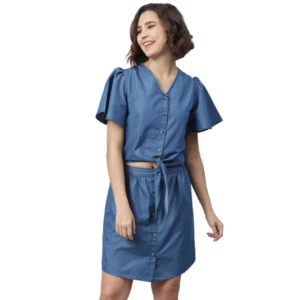 Denim Solid Flutter Above Knee Dress (Blue)