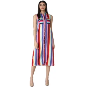 Polyester Striped Sleeveless Calf-length Dress (Multicolor)