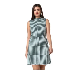 Polyester Striped Sleeveless Above Knee Dress (Green)