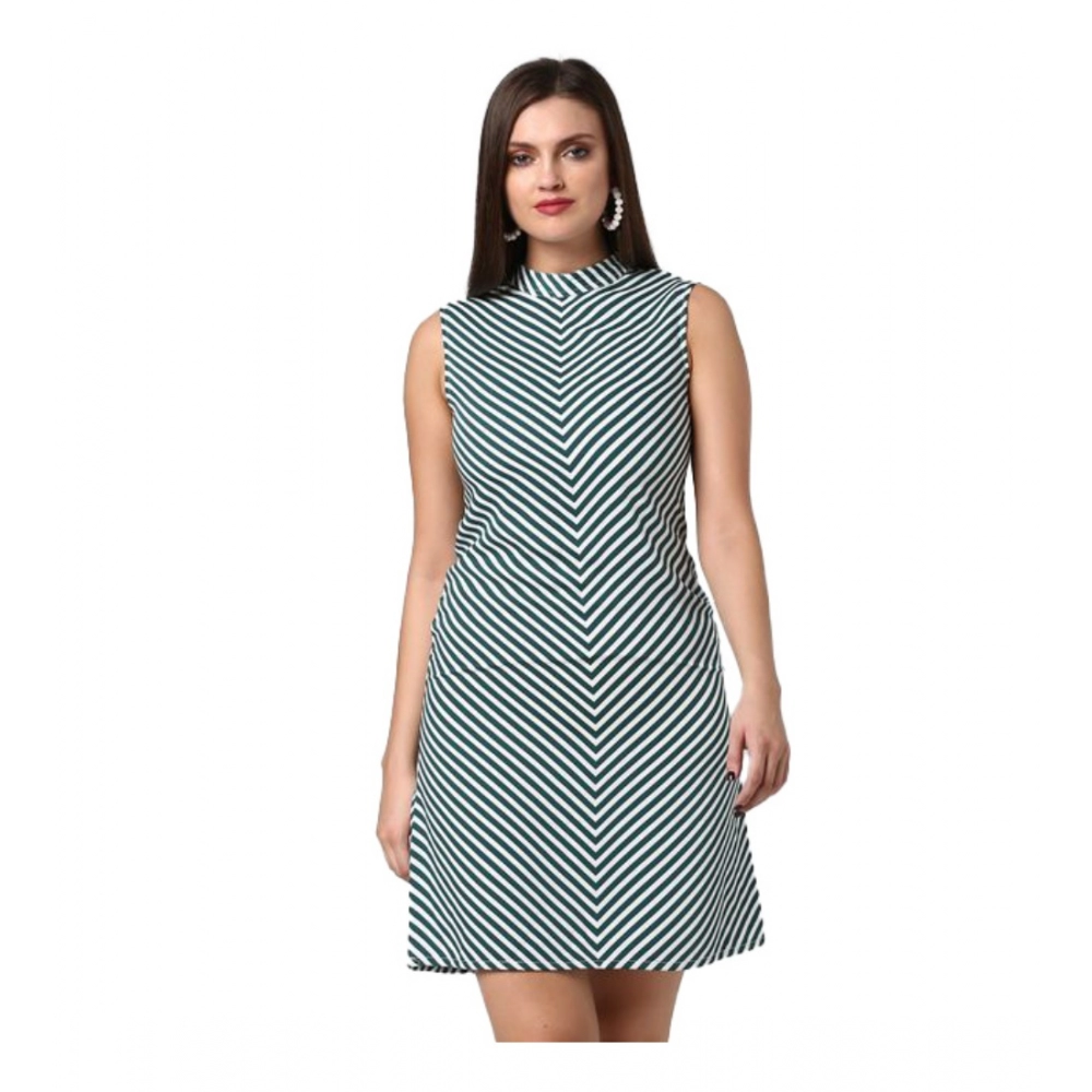 Polyester Striped Sleeveless Above Knee Dress (Green)