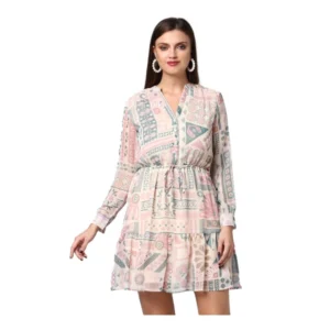 Polyester Printed Long Sleeves Above Knee Dress (Light Pink - Off White)