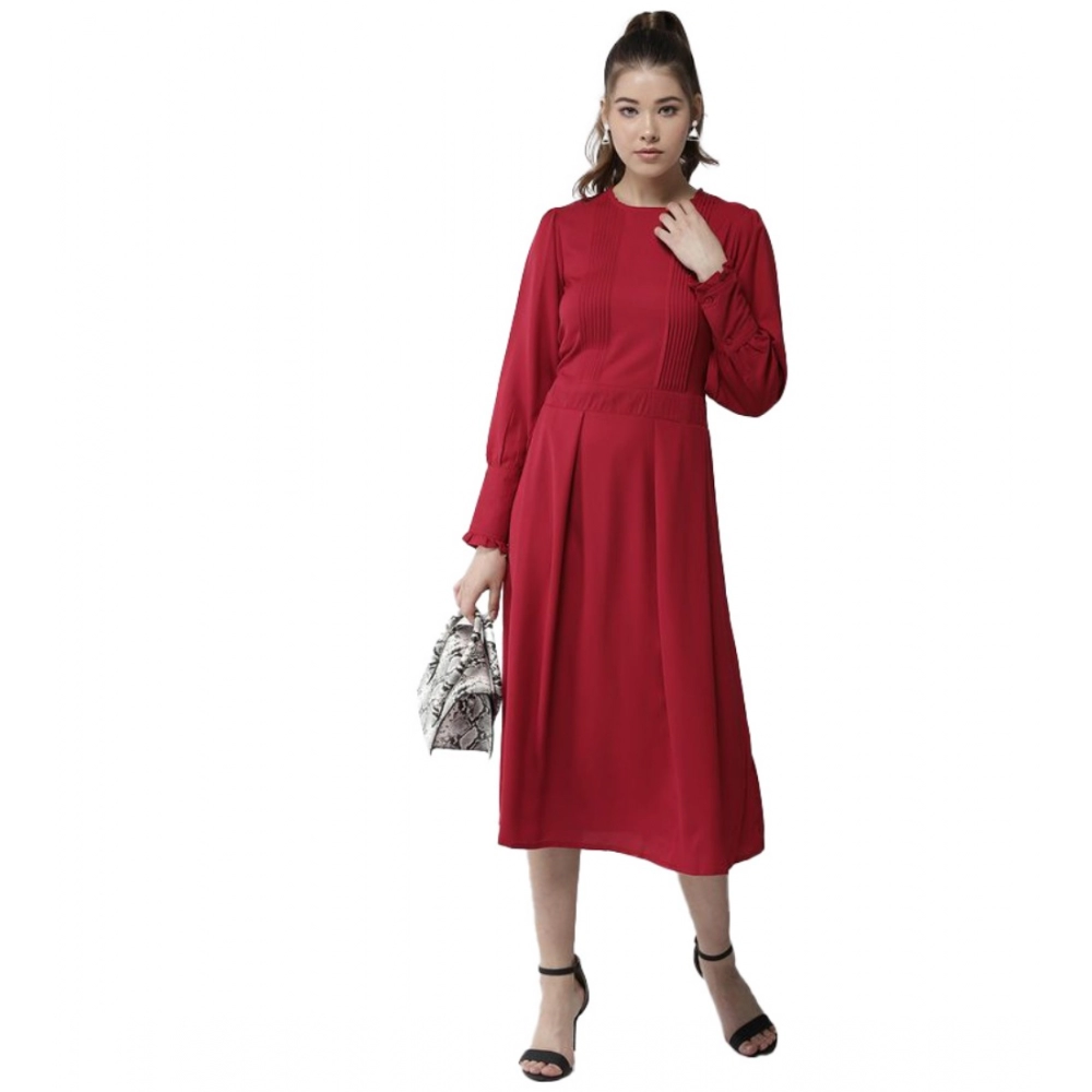 Polyester Pintuck Long Sleeves Below Knee Dress (Red)