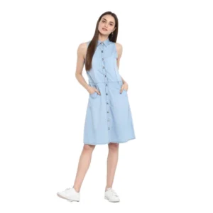 Denim Solid Sleeveless Below Knee Dress (Blue)