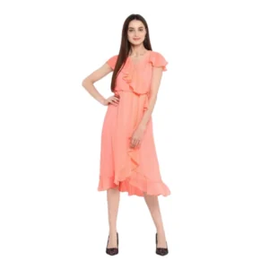Polyester Ruffled Cap Sleeve Below Knee Dress (Neon Pink)