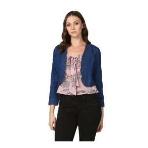 Denim Ruffled Long Sleeves Shrug (Navy Blue)