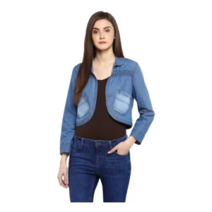 Denim Smocking 3-4th Sleeves Shrug (Blue)