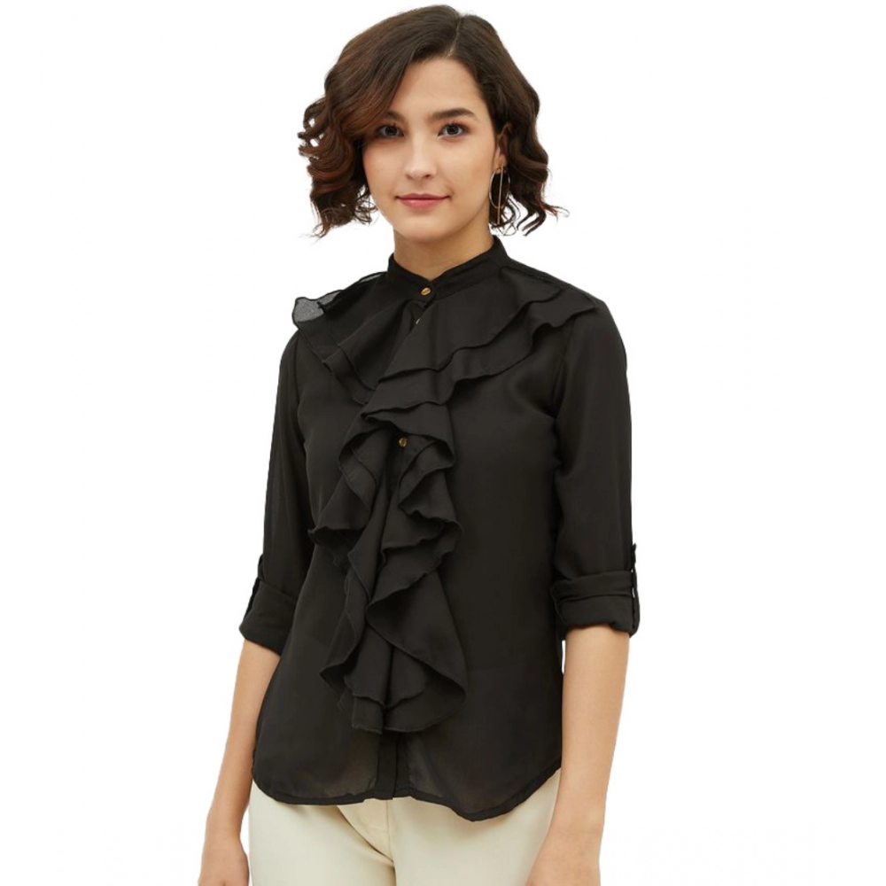 Polyester Ruffled Long Sleeves Standard Length Shirt (Black)