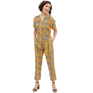 Polyester Printed Half Sleeve Long Jumpsuit (Yellow)