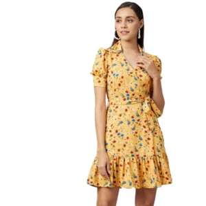 Polyester Floral Short Sleeve Above Knee Dress (Yellow)