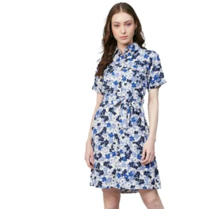 Polyester Floral Short Sleeve Above Knee Dress (Blue - White)