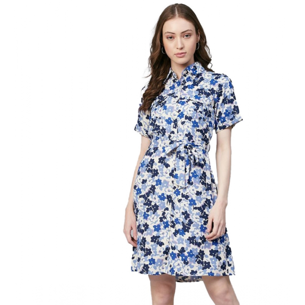 Polyester Floral Short Sleeve Above Knee Dress (Blue - White)