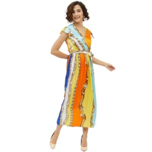 Satin Chain Print Cap Sleeve Calf-length Dress (Multicolor)