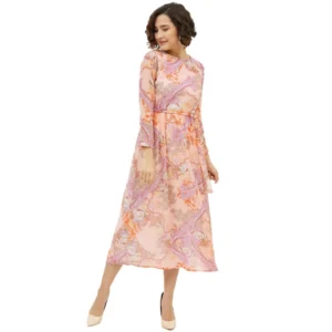 Polyester Printed Long Sleeves Calf-length Dress (Multicolor)