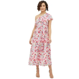 Polyester Floral One Shoulder Calf-length Dress (Multicolor)
