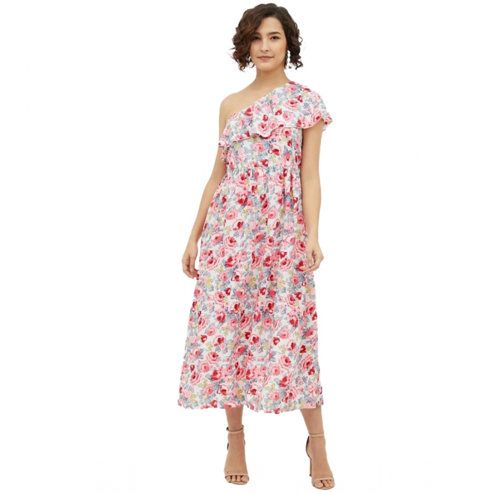 Polyester Floral One Shoulder Calf-length Dress (Multicolor)