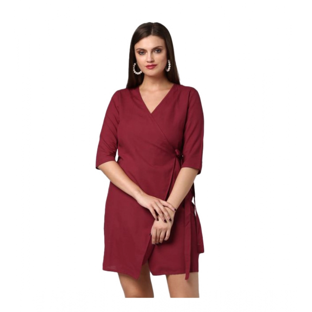 Cotton Solid 3-4th Sleeves Above Knee Dress (Maroon)