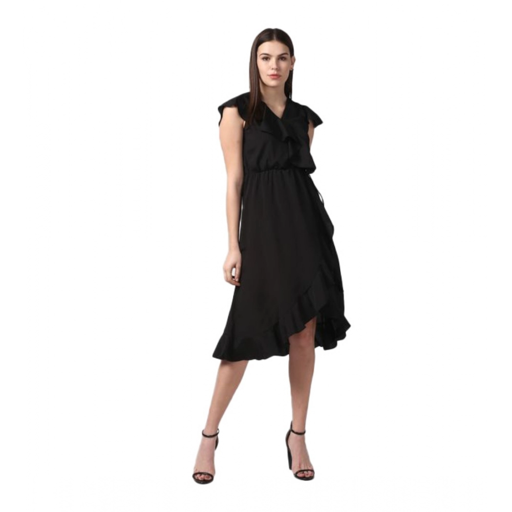Polyester Ruffled Cap Sleeve Knee-Length Dress (Black)