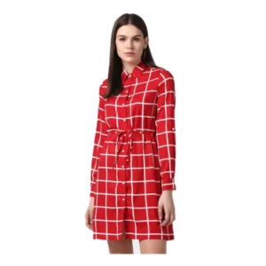 Polyester Checkered Long Sleeves Above Knee Dress (Red)