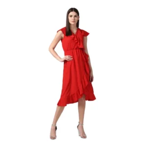 Polyester Ruffled Cap Sleeve Knee-Length Dress (Red)