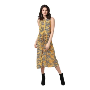 Polyester Chain Print Sleeveless Below Knee Dress (Yellow - Black)