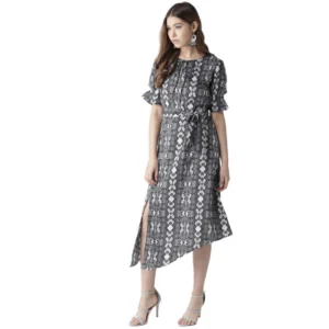 Polyester Animal Print Short Sleeve Knee-Length Dress (Black - White)