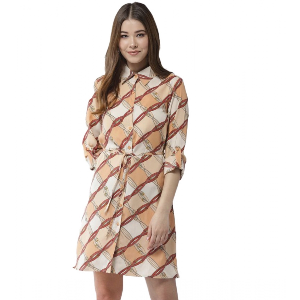 Polyester Printed Roll Up Sleeve Above Knee Dress (Off White - Brown)