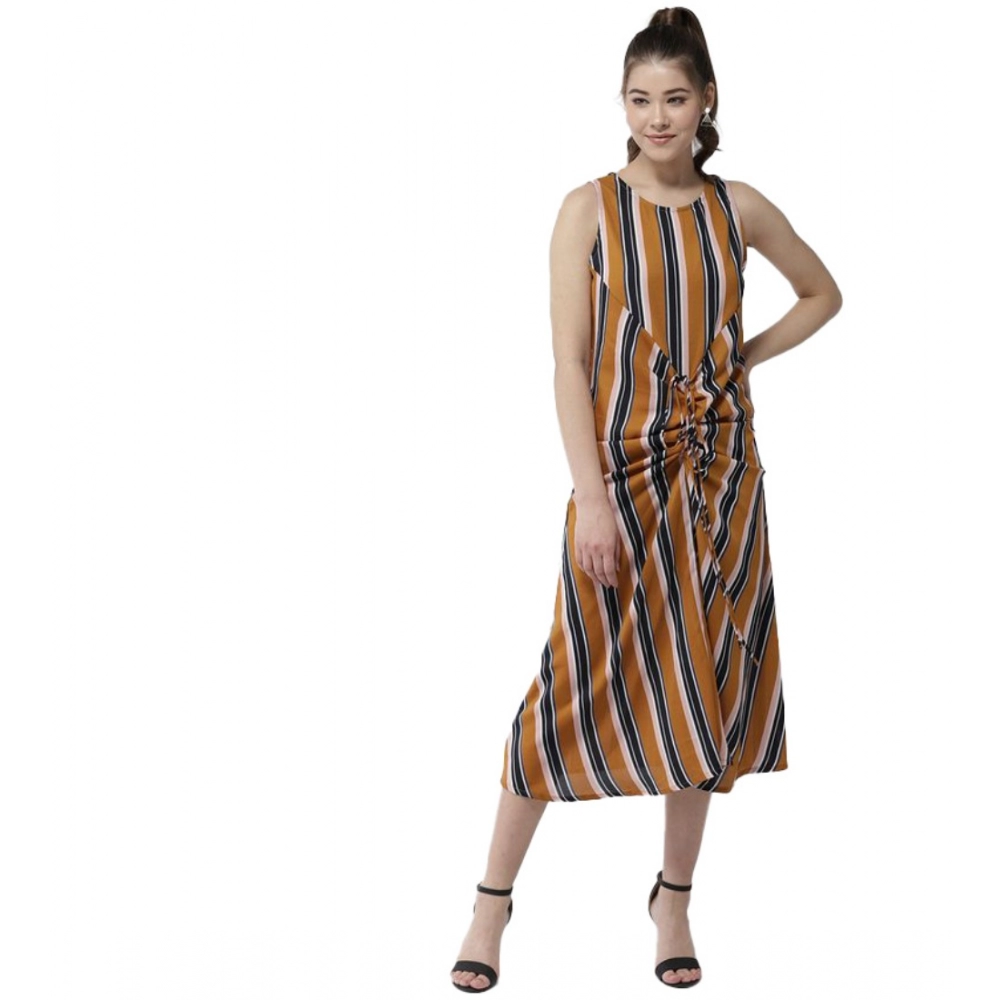 Polyester Striped Sleeveless Below Knee Dress (Mustard)