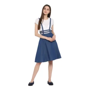 Denim Solid Shoulder Straps Below Knee Dress (Blue)