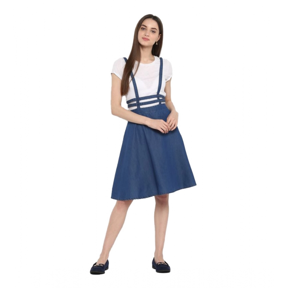Denim Solid Shoulder Straps Below Knee Dress (Blue)