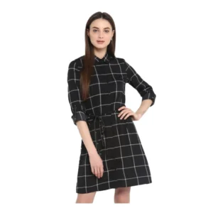 Polyester Checkered Roll Up Sleeve Above Knee Dress (Black - White)