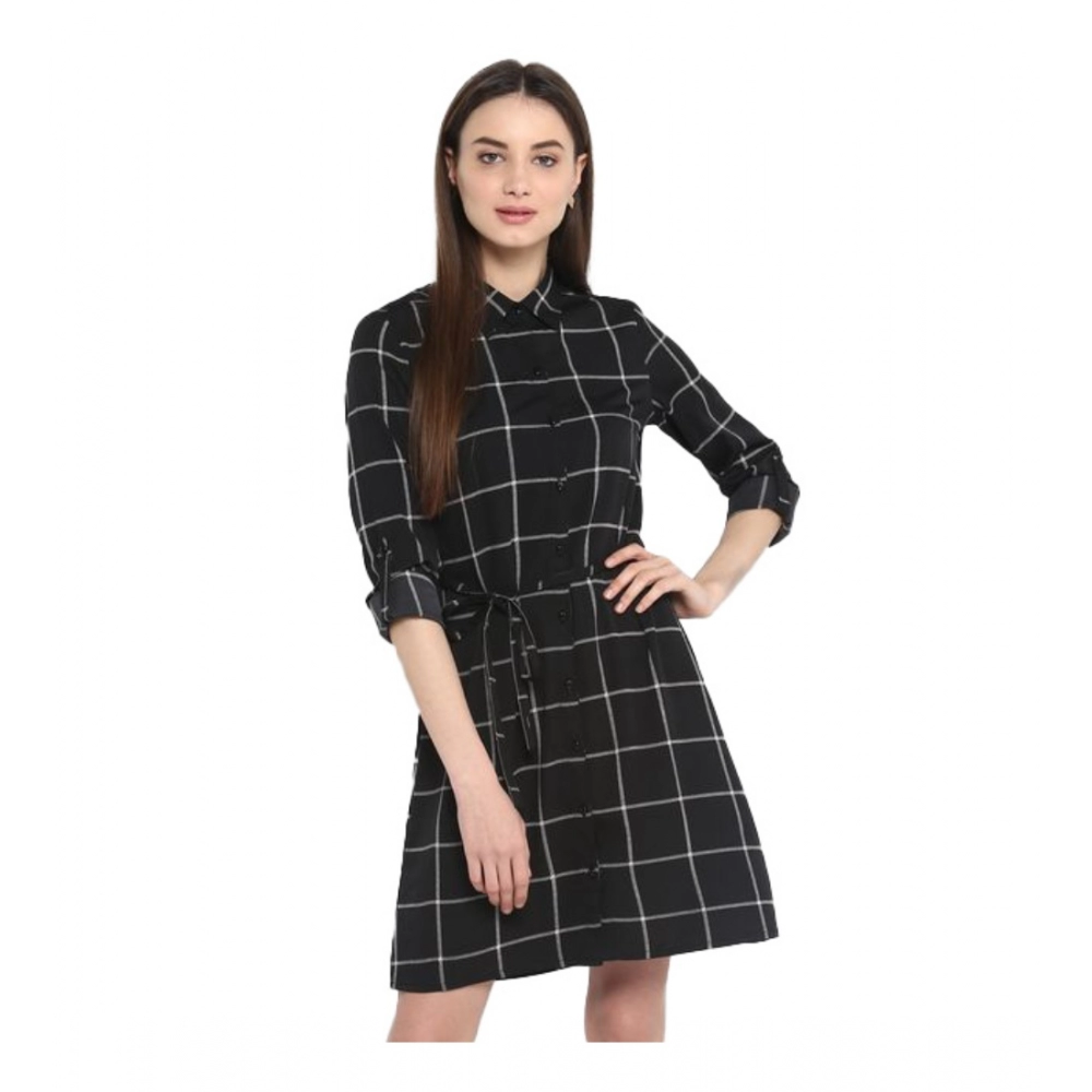 Polyester Checkered Roll Up Sleeve Above Knee Dress (Black - White)