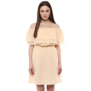 Polyester Solid Sleeveless Knee-Length Dress (Beige)