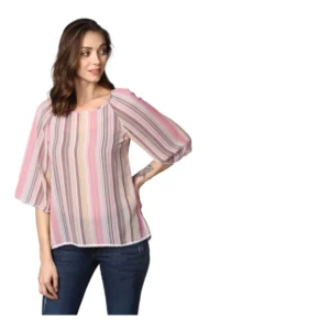 Polyester Striped 3-4th Sleeves Top (Pink)