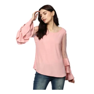 Polyester Solid Tier Sleeve Top (Pink)
