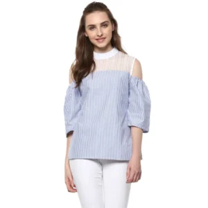 Cotton Striped Cold Shoulder Top (Blue)