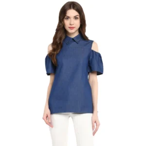 Denim Solid Cold Shoulder Regular Top (Blue)