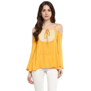 Rayon Embellished Cold Shoulder Regular Top (Mustard Yellow)