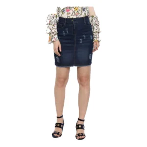 Denim Distressed Buttoned Skirt (Blue)