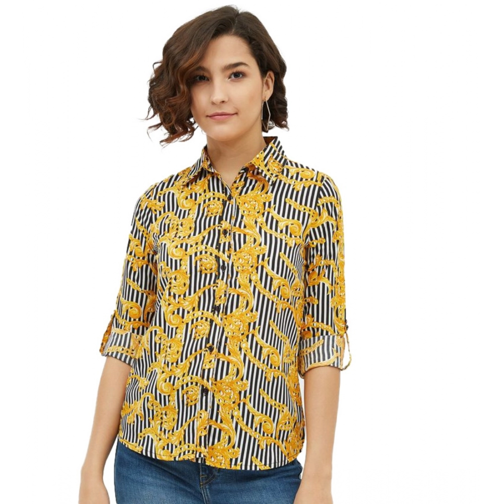 Polyester Printed Roll Up Sleeve Standard Length Shirt (Mustared)