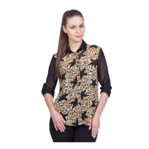 Polyester Printed Roll Up Sleeve Standard Length Shirt (Black)