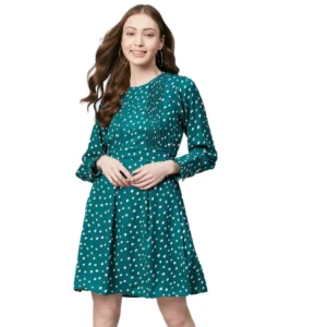 Polyester Polka Long Sleeves Above Knee Dress (Green - White)