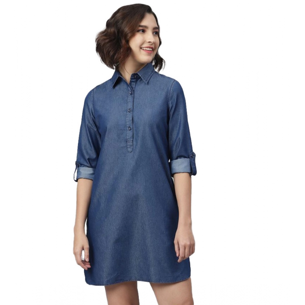 Denim Solid Long Sleeves Above Knee Dress (Navy Blue)