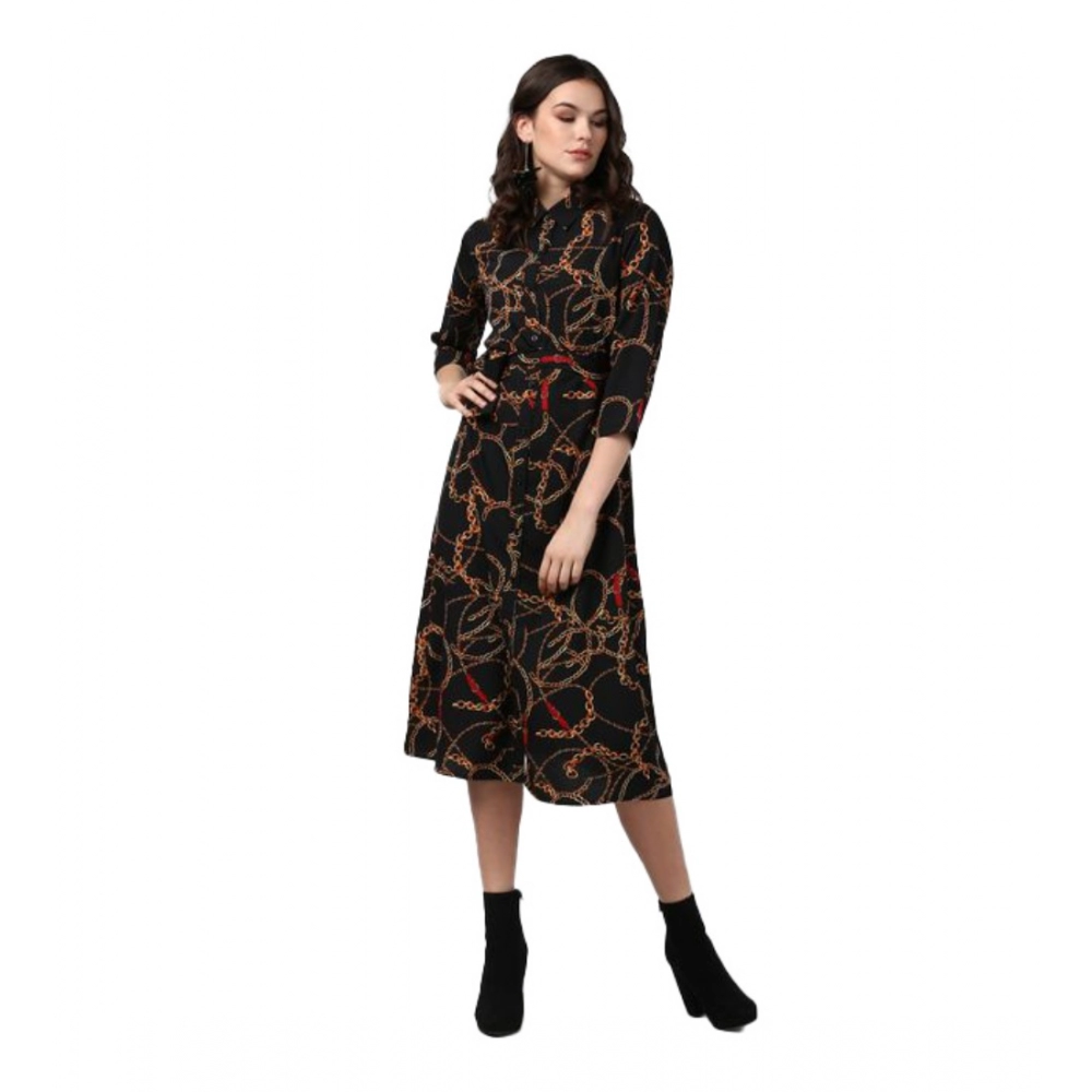 Polyester Chain Print Roll Up Sleeve Below Knee Dress (Black - Yellow)