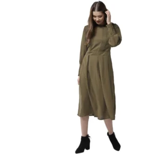 Polyester Pintuck Long Sleeves Below Knee Dress (Olive)