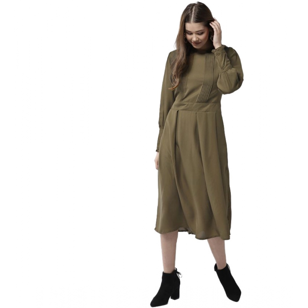 Polyester Pintuck Long Sleeves Below Knee Dress (Olive)